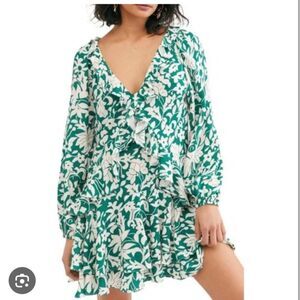 Free People Green White Ruffle Floral Print Flowy Summer Dress